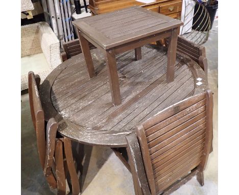 Hardwood circular garden table, four chairs and a small side table. Not available for in-house P&amp;P, contact Paul O'Hea at