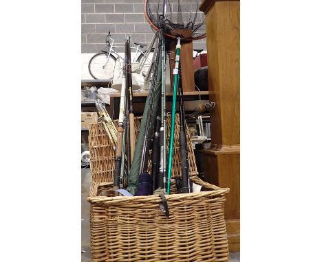 Quantity of fishing rods including wicker hamper. Not available for in-house P&amp;P, contact Paul O'Hea at Mailboxes on 0192