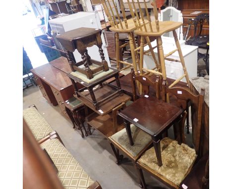 Two stools, two oak high back dining chairs, a two tier oak drinks trolley and a modern mahogany side table. Not available fo