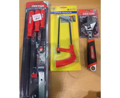 New and unused Dekton four piece pry bar set with ten inch sure grip adjustable wrench and a 150 mm junior hacksaw. Not avail
