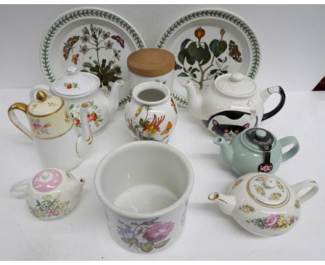 Five teapots, one coffee pot, cake stand and a Portmeirion plant pot, vase and caddy with lid, plates and other vases **PLEAS