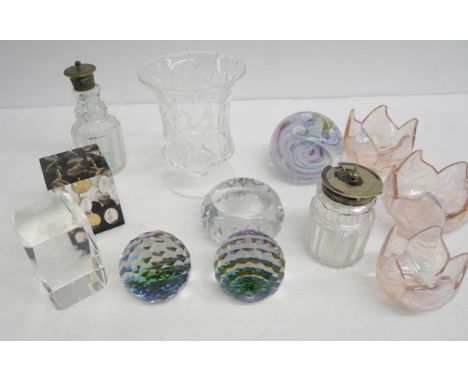 A box of crystal and glass drinking glasses, heavy glass bowls including Orrefors, brandy and wines, paperweights, etc., (two