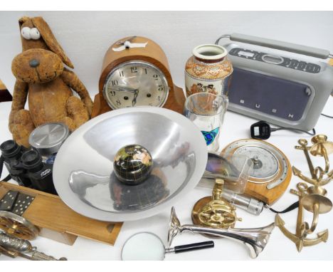 Assorted items; mantel clock, marbles, an oriental vase, glass, a radio, barometer, nut cracker, a soft toy, etc. **PLEASE NO