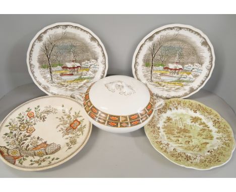 Two boxes of plates including Spode, Mason's etc., and a serving dish with lid, etc. **PLEASE NOTE THIS LOT IS NOT ELIGIBLE F