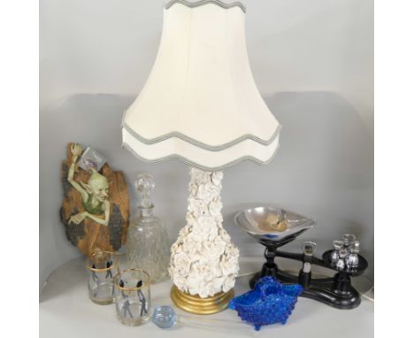 An Art Deco style glass dressing table set and decanter together with a table lamp, set of Salter scales, boxed glass, etc. *