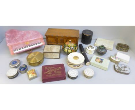 Two musical boxes, trinket boxes, etc.