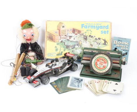 Various circa 1960s Toys, John Bull Farmyard Set, Merit Blow Football, Pelham Puppet McBoozle, Ridleys Model Plane, Agfamatic