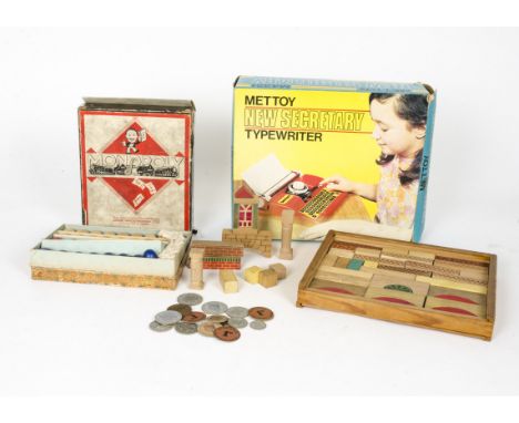 Wooden Construction Toys and other Toys,  four small boxes of wooden construction sets, one made in US Zone Germany, wooden p