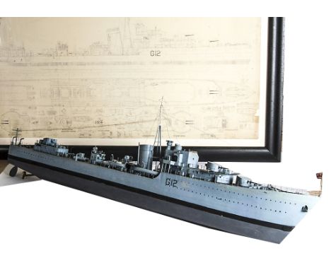 A large scale model of Destroyer HMS 'Kashmir', constructed in wood and painted in light Navy grey, built and painted to a go