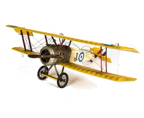 A 1:10 scale static model of WW1 RFC Sopwith Camel Bi-plane, constructed in wood and metal, finished in yellow with doped win