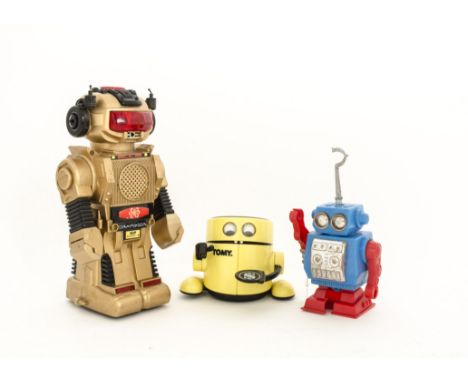 1970s and later plastic Robots, Tomy 'Mr Money' automatic bank, New Bright 'Magic Mike' and Hong Kong clockwork blue and red 