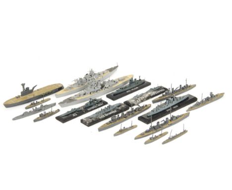 Metal and wood construction Naval 1200 scale and smaller Waterline Models by various makers, including 'Bismark' (lacks one t