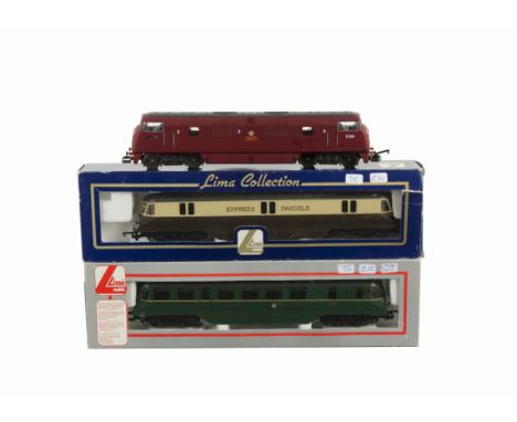 Lima 00 Gauge Railcars and Diesel Locomotives, GWR Express Parcels chocolate and cream No 34 Railcar and BR green Railcar, BR
