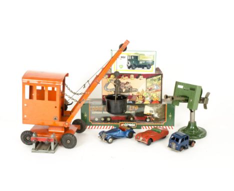 Tri-ang and Astra and other Toys, Tri-ang orange pressed steel Crane with Bucket, Scalex MG TF (lacks steering wheel and rear