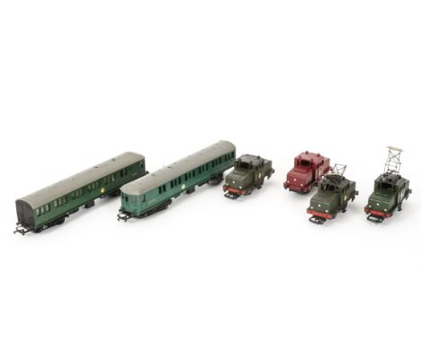 Tri-ang/Hornby OO Gauge Electric Units and Locomotives, two SR 4-SUB power cars, one in blue-green, the other yellow-green, t