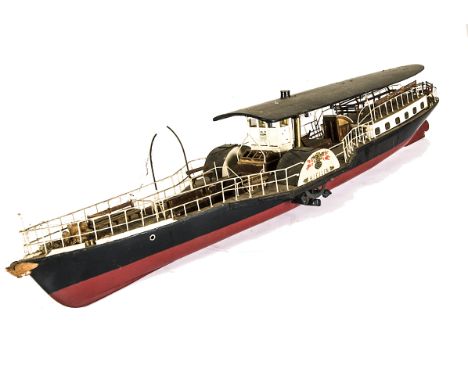 A static scale model of a Paddle Boat 'H J Ellen', constructed in wood with removal canopy (damage to base), red/black hull, 