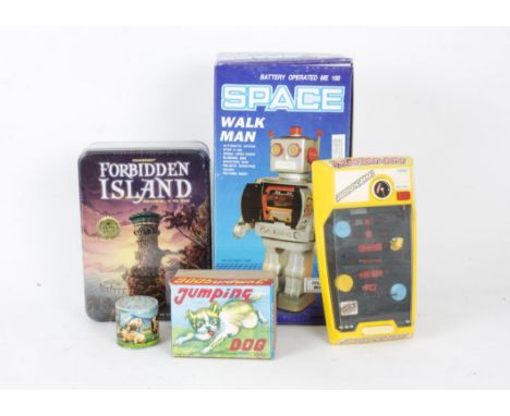 Toys &amp; Games, including tinplate battery-operated Space Walk Man Robot, Oka Jumping Dog (2), Gamewright Forbidden Island,