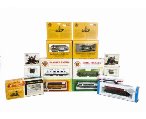 American HO Gauge Tramcars by Bachmann and Others, San Francisco Cable Cars in Crimson (no 11) and green (no 3), two 'Gandhi 