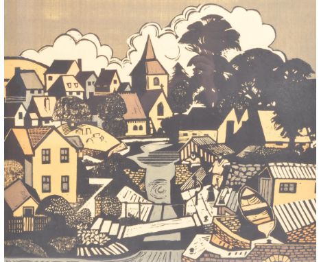 Kenn Burrows - A vintage mid 20th century 1975 Kenn Burrows coloured screen print. The print entitled Village, number 41/150.