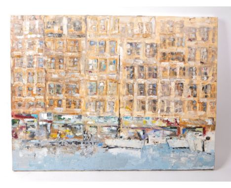 A vintage 20th-century oil on canvas, impasto impressionist painting of a harbour landscape. Depicting tall buildings, boats 