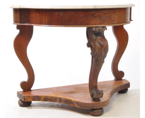 A Victorian 19th century mahogany duchess marble top hall / console table. The table with scrolled supports supporting half m