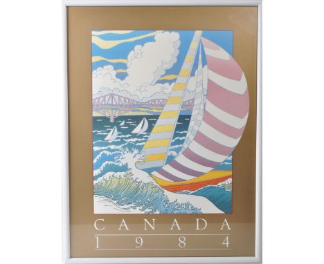 A vintage 20th century 1984 Canada regatta Sailing boat poster. Depicting a racing boat scene in pink, yellow, and blue colou