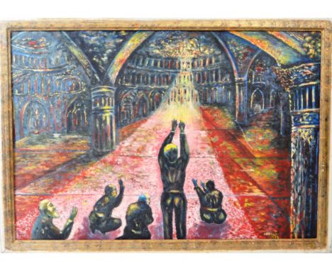 Arnald - A 1962 oil painting on canvas, depicting a religious setting, with figures praying to a ray of light coming through 