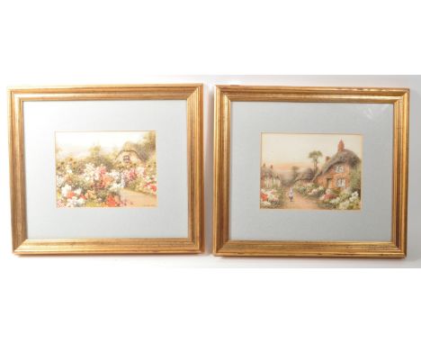 R. Thornton - Two late 19th century watercolours, of countryside landscapes, depicting a cottage, a figure, and rows of flowe