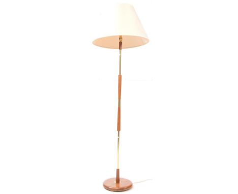 Danish Modern Design - Vintage mid 20th century Danish manner teak and brass floor standing standard lamp. Circular foot, cen