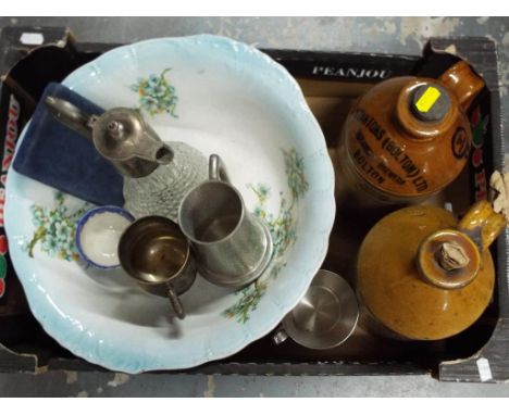 A good mixed lot to include a wash basin, boxed teaspoons, a silver plated jug, three tankards, a Royal Worcester cup and two