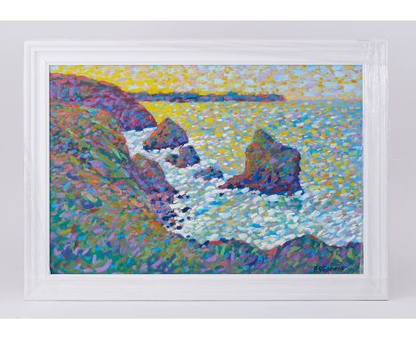 Paul Stephens (b1957-) 'Bedruthan, Cornwall' (Poldark Country) signed oil on panel, 39cm x 60cm, framed. Paul Stephens has ex