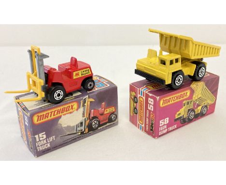 2 boxed 1970's Matchbox Superfast diecast trucks, #15 Fork Lift Truck with #58 Faun Dump Truck. Yellow and black dump truck w