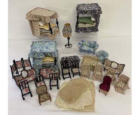 A box of assorted wire framed handmade dolls house furniture. To include: four poster beds, chairs, settee's, standard lamp a