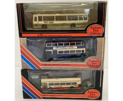 3 boxed Exclusive First Editions 1:76 scale diecast buses. Daimler DMS Bus OK Motor Services #25808, Bristol VRIII Open Top P