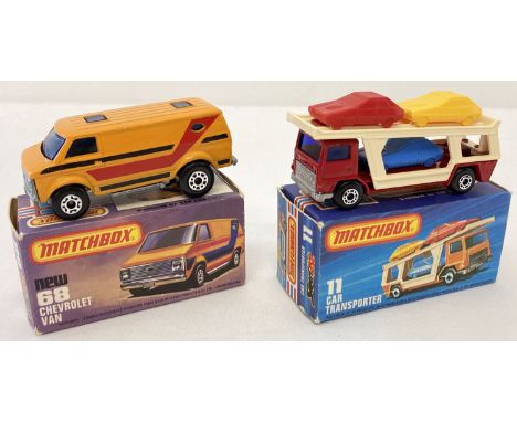 2 boxed 1970's Matchbox Superfast diecast vehicles, #11 Car Transporter with #68 Chevrolet Van. Dark red and cream transporte
