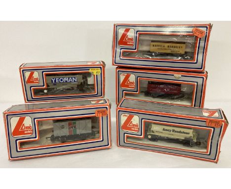 5 boxed Lima Models 00 gauge wagons with advertising detail. Comprising: #305631 J.K. Harrison &amp; Co burgundy plank wagon,