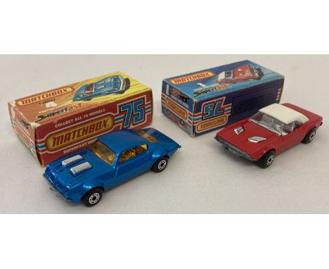 2 boxed 1970's Matchbox Superfast diecast cars, #4 Pontiac Firebird &amp; #1 Dodge Challenger. Metallic blue Pontiac with tin