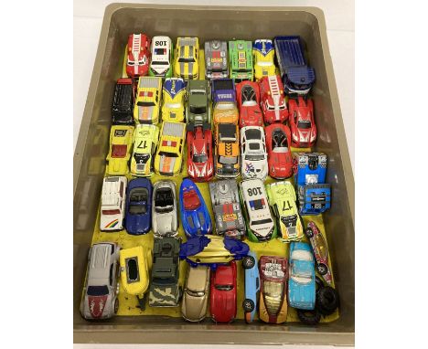 A tray of assorted 1:72 scale diecast cars, vans and trucks to include A-Team black and red van. To include examples by Realt