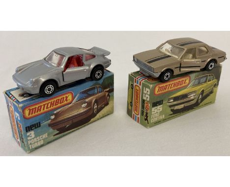 2 boxed 1970's Matchbox Superfast diecast cars, # 3 Porsche Turbo &amp; #55 Ford Cortina. Silver Porsche with red interior an