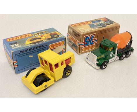 2 boxed Matchbox 75 construction vehicles, #19 Peterbilt Cement Truck &amp; #72 Bomag Road Roller. Cement truck in metallic g