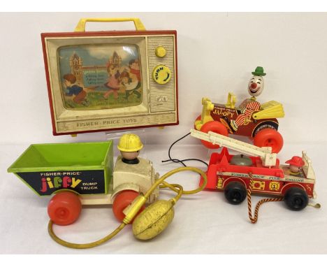 4 vintage Fisher Price toys. Comprising: Music Box TV, Fire Engine, Dup Truck and Jalopy. 