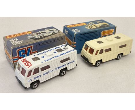 2 boxed Matchbox 75 diecast #54 mobile vehicles, Mobile Home together with NASA Tracking Vehicle. Mobile home in cream with o