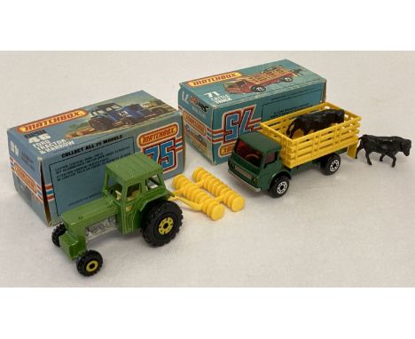 2 boxed 1970's Matchbox 75 diecast farm vehicles, #46 Ford Tractor &amp; Harrow and #71 Cattle Truck. Green and yellow tracto