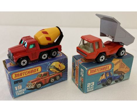 2 boxed 1970's Matchbox Superfast diecast construction vehicles, #19 Cement Truck &amp; #23 Atlas Truck. Red and black cement