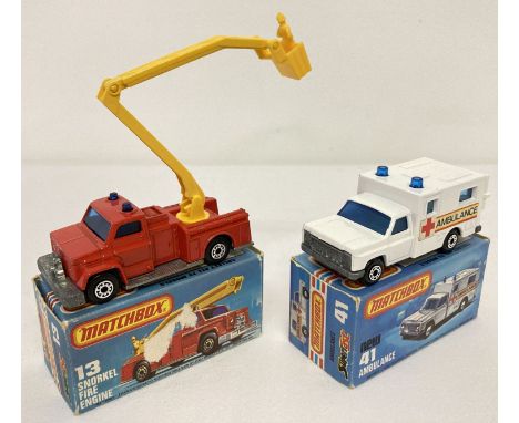 2 boxed 1977 Matchbox 75 Superfast emergency vehicles, #41 ambulance &amp; #13 Snorkel fire engine. Ambulance in white with b