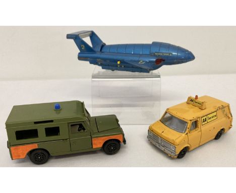 3 vintage Dinky toys diecast vehicles, to include Thunderbird 2 - complete with Thunderbird 4. Lot also includes AA Service B