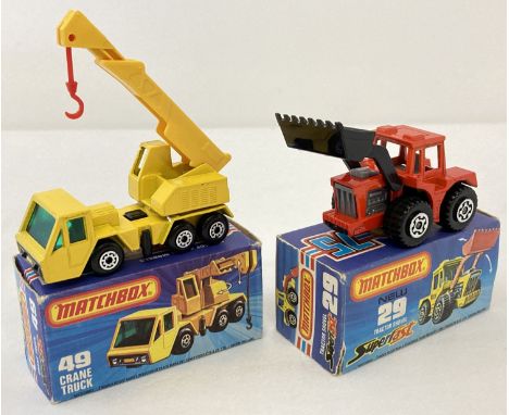 2 boxed 1970's Matchbox Superfast diecast vehicles, #29 Tractor Shovel with #49 Crane Truck. Crane - in yellow with extending