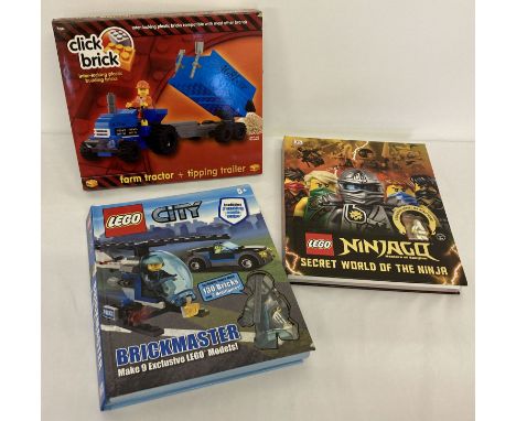 2 x DK Lego books with play pieces together with a boxed Click Brick Farm tractor &amp; tipping trailer. Lego Ninjago book co