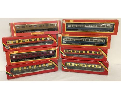 8 boxed OO gauge model railway carriages by Hornby. To include Pullman "Lucille", Inter-City 5120 and LMS 2257. Boxes in vary
