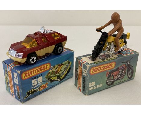 2 boxed 1970's Matchbox Superfast diecast vehicles, #18 Hondarora together with #59 Planet Scout. Yellow &amp; black Honda wi